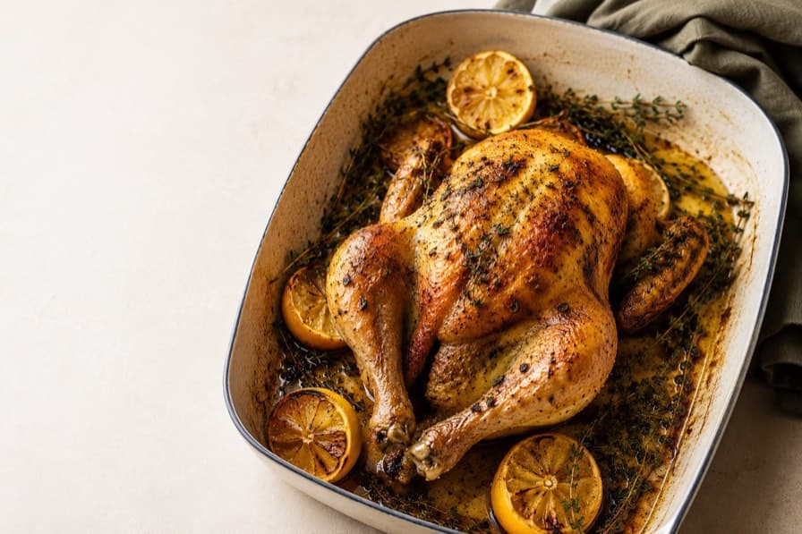 Roast lemon and thyme chicken in a baking dish